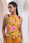 Shop_Smriti By Anju Agarwal_Rust Silk, Chinon Tassels Square Neck Ember Bud Embroidered Corset With Pant _Online_at_Aza_Fashions