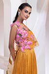 Smriti By Anju Agarwal_Orange Chinon, Crepe, Organza Embroidery Round Neck Emberfall Lehenga Set _at_Aza_Fashions