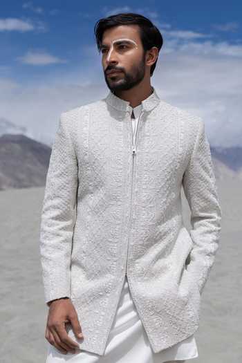 Buy_Amit Arora_Off White Knit, Lycra Embroidery Hand Sherwani Jacket And Kurta Set _Online_at_Aza_Fashions