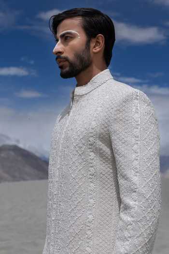 Shop_Amit Arora_Off White Knit, Lycra Embroidery Hand Sherwani Jacket And Kurta Set _Online_at_Aza_Fashions