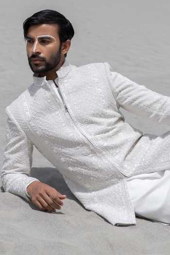 Amit Arora_Off White Knit, Lycra Embroidery Hand Sherwani Jacket And Kurta Set _at_Aza_Fashions
