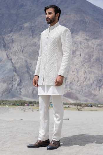 Buy_Amit Arora_Off White Knit, Lycra Embroidery Hand Sherwani Jacket And Kurta Set _at_Aza_Fashions