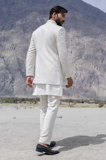 Shop_Amit Arora_Off White Knit, Lycra Embroidery Hand Sherwani Jacket And Kurta Set _at_Aza_Fashions