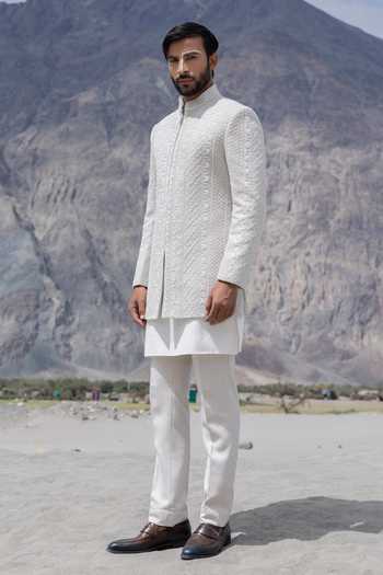 Buy_Amit Arora_Off White Knit, Lycra Embroidery Hand Sherwani Jacket And Kurta Set 