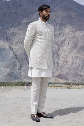 Shop_Amit Arora_Off White Knit, Lycra Embroidery Hand Sherwani Jacket And Kurta Set 