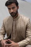 Shop_Amit Arora_Beige Silk, Jacquard, Polyester, Knit Embroidery Hand Jacket Kurta Set _Online_at_Aza_Fashions
