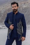 Amit Arora_Navy Polyester, Knit Embroidery Hand Opean Jacket With Kurta Set _at_Aza_Fashions