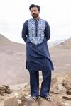 Shop_Amit Arora_Blue Linen, Silk Embroidery Aari Kurta And Pant Set _at_Aza_Fashions
