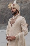 Amit Arora_Beige Silk, Georgette, Twill, Modal Embroidery Hand Sherwani Set _Online_at_Aza_Fashions