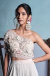 Shop_Muditaa By Urmila_Pink Net, Crepe Embroidery, Fabric Flowers One Shoulder Kaya Yoke Jumpsuit _Online_at_Aza_Fashions