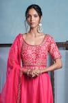 Buy_Muditaa By Urmila_Fuchsia Silk, Organza Embroidery Round Neck Mayra Anarkali With Dupatta _Online_at_Aza_Fashions