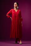 Trendy Tokari_Red Silk, Chanderi Embroidery V-neck Kurta Set _at_Aza_Fashions