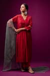 Buy_Trendy Tokari_Red Silk, Chanderi Embroidery V-neck Kurta Set _at_Aza_Fashions