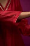 Trendy Tokari_Red Silk, Chanderi Embroidery Split V-neck Kurta Set _Online_at_Aza_Fashions