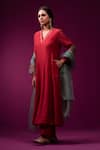 Buy_Trendy Tokari_Red Silk, Chanderi Embroidery Split V-neck Kurta Set _Online_at_Aza_Fashions