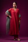 Buy_Trendy Tokari_Red Silk, Chanderi Embroidery Split V-neck Kurta Set _at_Aza_Fashions