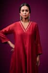 Shop_Trendy Tokari_Red Silk, Chanderi Embroidery Split V-neck Kurta Set _Online_at_Aza_Fashions