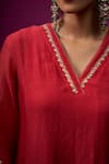 Buy_Trendy Tokari_Red Silk, Chanderi Embroidery Split V-neck Kurta Set 