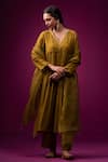 Buy_Trendy Tokari_Lime Silk, Chanderi Embroidery V-neck Placement Zari Work Kurta Set _Online_at_Aza_Fashions