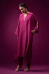 Buy_Trendy Tokari_Wine Silk, Chanderi Embroidery V-neck Kurta With Pant _Online_at_Aza_Fashions