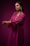 Trendy Tokari_Wine Silk, Chanderi Embroidery V-neck Kurta With Pant _at_Aza_Fashions