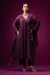 Buy_Trendy Tokari_Purple Silk, Chanderi Sequins, Embroidery V-neck Angrakha Kurta Set _at_Aza_Fashions