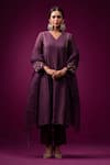Trendy Tokari_Purple Silk, Chanderi Embroidery V-neck Plain Kurta Set _at_Aza_Fashions