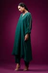 Trendy Tokari_Green Chanderi, Silk Embroidery V-neck Plain Kurta Set _at_Aza_Fashions