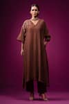 Buy_Trendy Tokari_Brown Silk, Chanderi Embroidery V-neck Kurta Set _at_Aza_Fashions