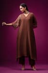 Trendy Tokari_Brown Silk, Chanderi Embroidery V-neck Kurta Set _at_Aza_Fashions