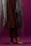 Trendy Tokari_Brown Silk, Chanderi Embroidery V-neck Kurta Set _Online_at_Aza_Fashions