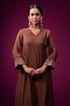 Shop_Trendy Tokari_Brown Silk, Chanderi Embroidery V-neck Kurta Set _Online_at_Aza_Fashions