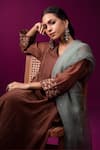 Trendy Tokari_Brown Silk, Chanderi Embroidery V-neck Kurta Set _at_Aza_Fashions
