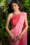 Aza X Shilpa Shetty Kundra_Pink Chiffon Pearls Halter Abstract Animal Print Pre-draped Saree With Blouse 