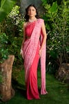 Aza X Shilpa Shetty Kundra_Pink Chiffon Pearls Halter Abstract Animal Print Pre-draped Saree With Blouse 