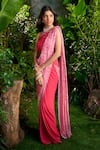 Aza X Shilpa Shetty Kundra_Pink Chiffon Pearls Halter Abstract Animal Print Pre-draped Saree With Blouse 