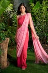 Aza X Shilpa Shetty Kundra_Pink Chiffon Pearls Halter Abstract Animal Print Pre-draped Saree With Blouse _at_Aza_Fashions
