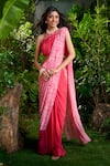 Buy_Aza X Shilpa Shetty Kundra_Pink Chiffon Pearls Halter Abstract Animal Print Pre-draped Saree With Blouse 