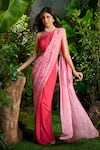 Aza X Shilpa Shetty Kundra_Pink Chiffon Pearls Halter Abstract Animal Print Pre-draped Saree With Blouse _Online