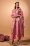 Mamicha_Pink Cotton Embroidery V-neck Floral Print Kurta Set _at_Aza_Fashions