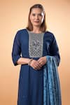 Shop_Mamicha_Blue Cotton Beads, Embroidery Round Neck Navy Kurta Pant Set _Online_at_Aza_Fashions