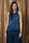 Buy_Krishna Mehta_Blue Modal Round Neck Block Print Top _at_Aza_Fashions