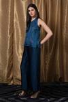 Krishna Mehta_Blue Modal Round Neck Block Print Top _Online_at_Aza_Fashions