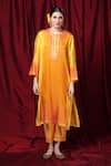 Buy_Krishna Mehta_Orange Round Neck Placement Printed Tunic _at_Aza_Fashions