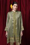 Buy_Krishna Mehta_Olive Green Modal Embroidery Mandarin Collar Placement Printed Tunic _at_Aza_Fashions