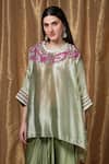 Buy_Krishna Mehta_Green Silk Embroidery Round Neck Floral Neckline Kaftan _at_Aza_Fashions