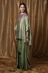 Krishna Mehta_Green Silk Embroidery Round Neck Floral Neckline Kaftan _Online_at_Aza_Fashions
