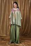 Buy_Krishna Mehta_Green Silk Embroidery Round Neck Floral Neckline Kaftan _Online_at_Aza_Fashions