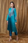 Krishna Mehta_Blue Silk Embroidery Collared Floral Tunic _Online_at_Aza_Fashions