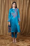 Shop_Krishna Mehta_Blue Silk Embroidery Collared Floral Tunic _Online_at_Aza_Fashions